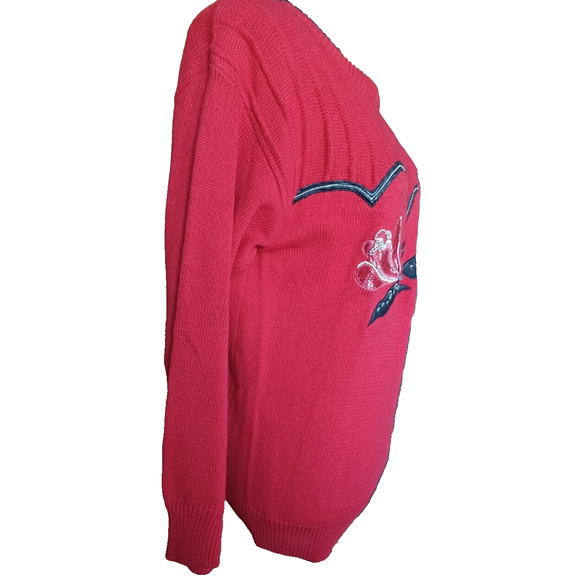 VTG DUET Women's Small Red Sweater with Flower Embroidery Contrast Details Beads - Picture 2 of 6